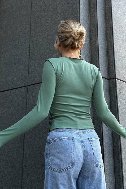 Color Block Ribbed Slim Crew Neck Long Sleeve Tee