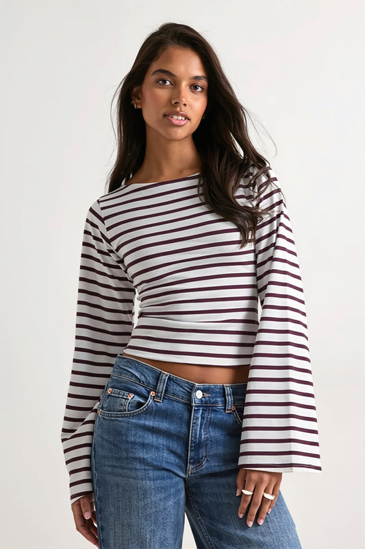 Stripe Boat Neck Flare Sleeve T-shirt