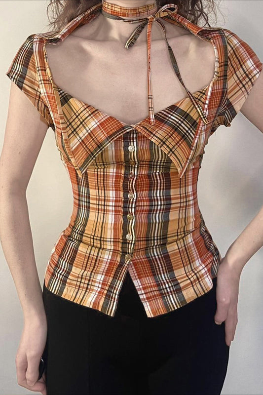 Plaid Fitted Waist Tie Neck Short Button Front Blouse