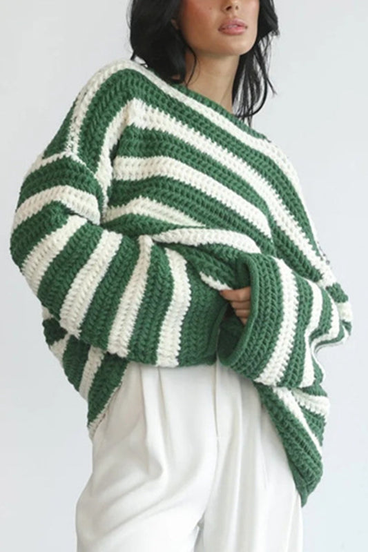 Striped Knit Casual Loose Sweater Green / S