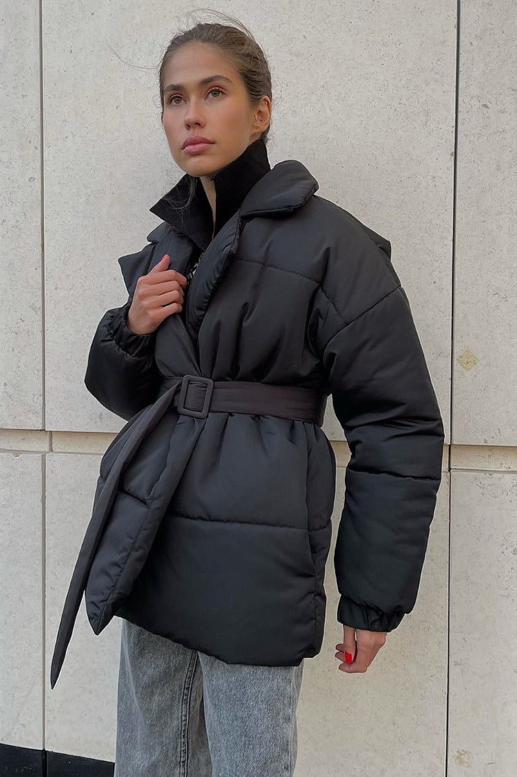 Slim Fit Lapel Belted Winter Coat Black / S coats