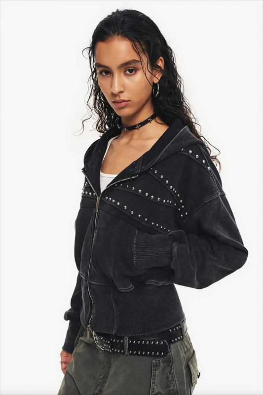 Studded Paneled Washed Zip Hoodie
