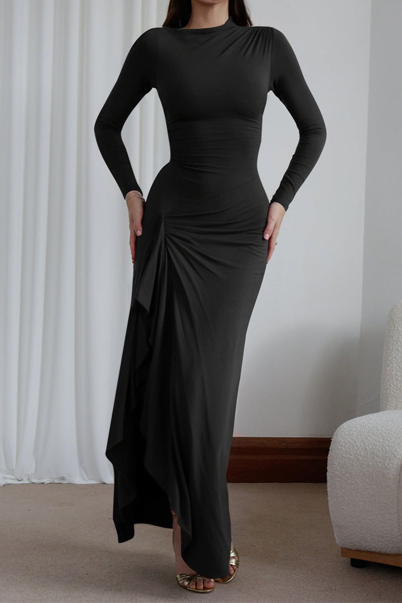 Slim Fit Pleated Long Sleeve Maxi Dress