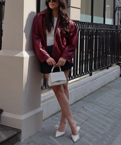 Red Wine Leather Lapel Coat