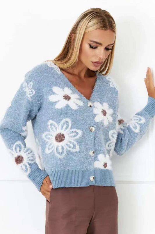 Strickjacke mit Blumenmuster und V-Ausschnitt und langen Ärmeln