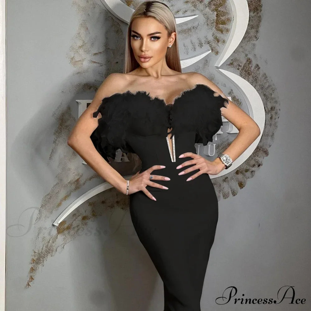 Feather Off-Shoulder Midi Party Dress Black / Xs Partydress-241208