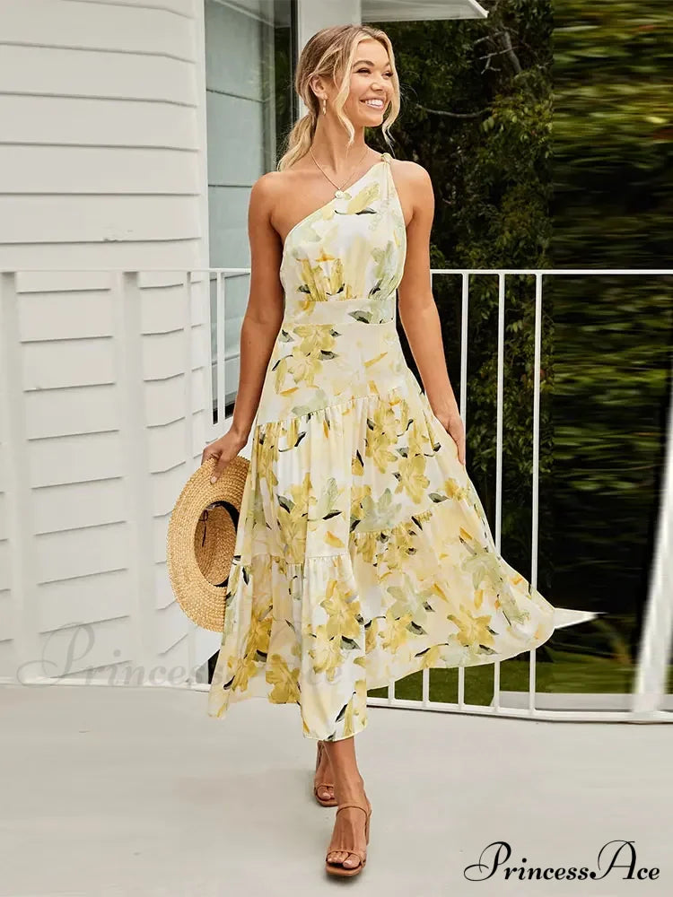 Feathers Strapless Sleeveless Split Hem Evening Maxi Dress Lemon Yellow / S