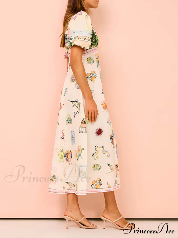 Feature Printed Ethnic Style Graceful Round Neck Midi Dress Dresses