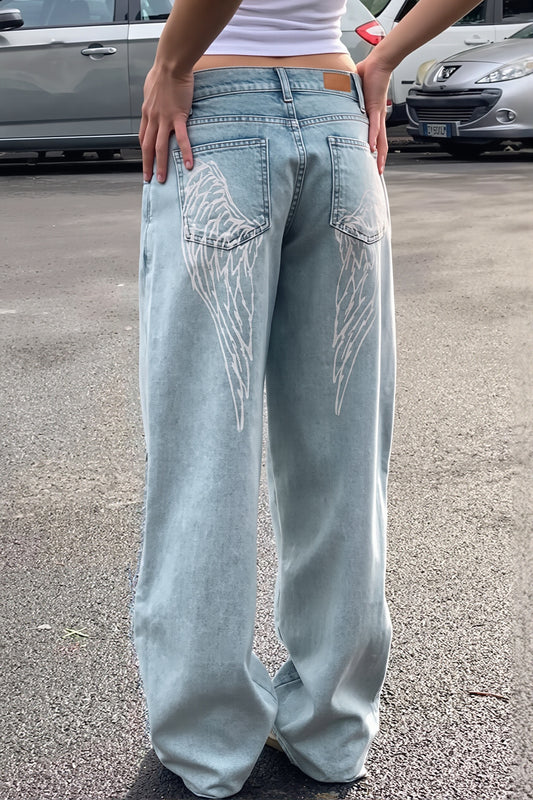 Wings Print Washed Straight Jeans