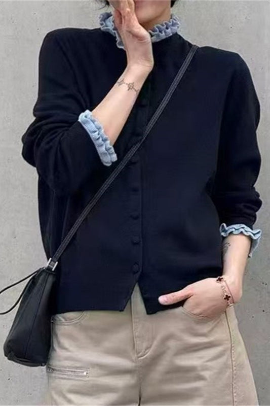 Ruffle Trim Contrast Cardigan Navy blue / One Size