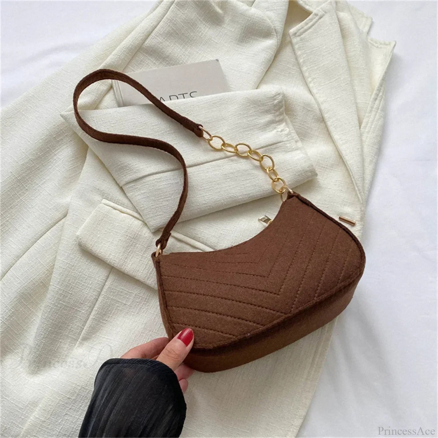Felt Solid Color Retro Underarm Shoulder Bag Coffee shoulder-250126