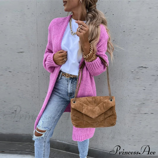 Female Elegant Simple Basic Soft Winter Long Sleeve Cardigan 01 Pink / S