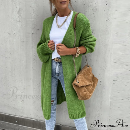 Female Elegant Simple Basic Soft Winter Long Sleeve Cardigan 02 Green / S