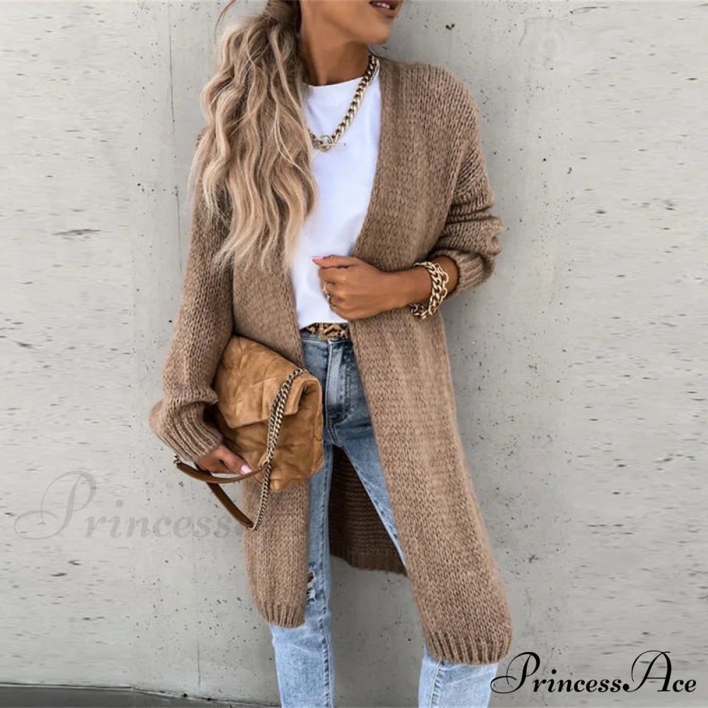 Female Elegant Simple Basic Soft Winter Long Sleeve Cardigan 04 Khaki / S