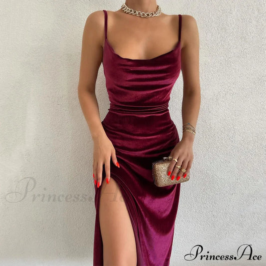 Festive Cheer Velvet Charming Slit Midi Dress Claret / S Dressy Dresses