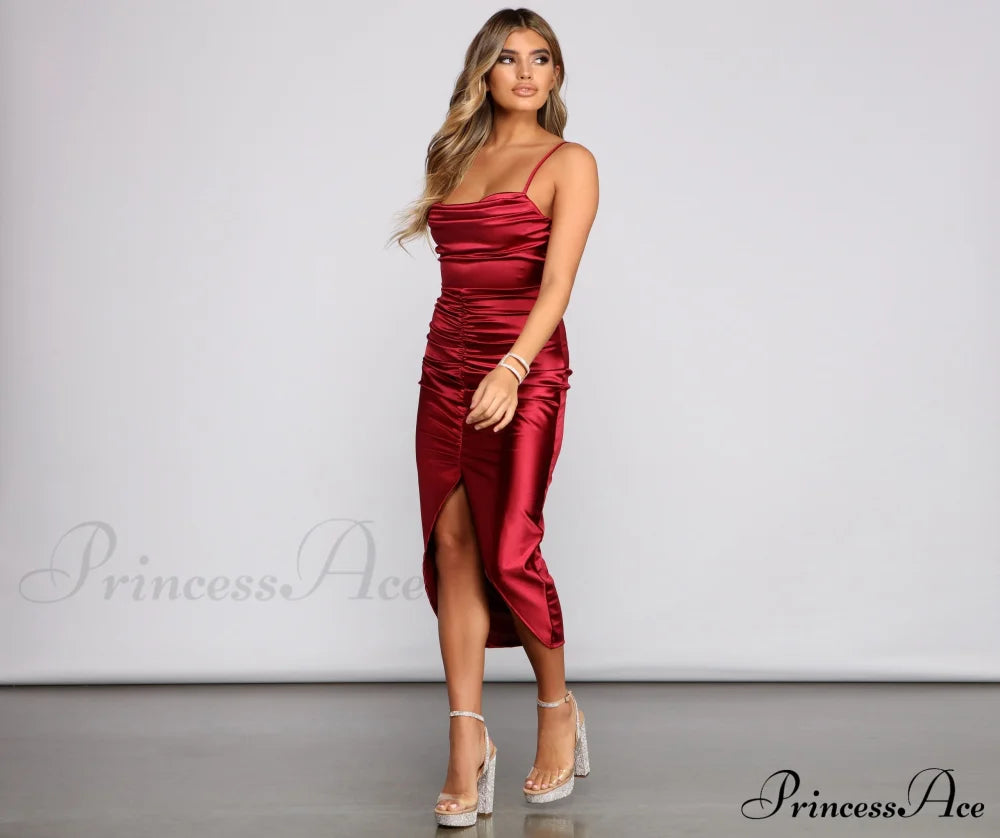 Festive Mood Satin Charming Ruched Midi Dress S.o. Short Dresses