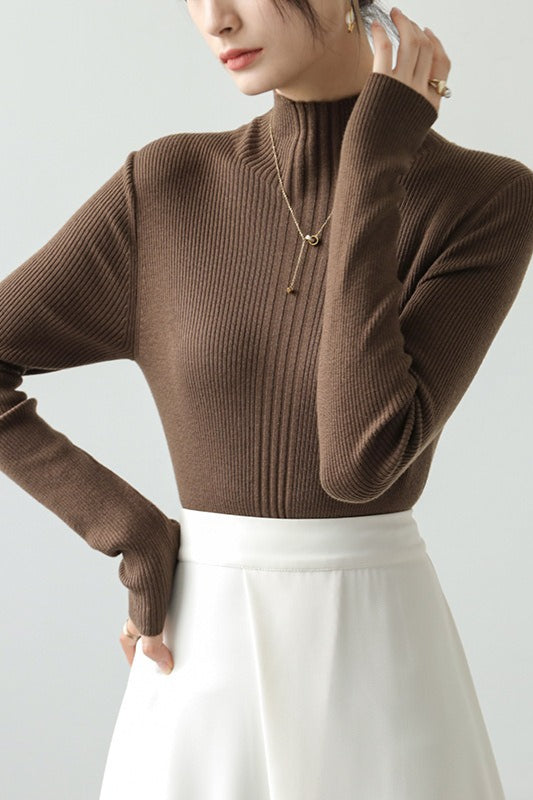 Elegant Apricot Mock Neck Long-Sleeve Pullover Knit Top