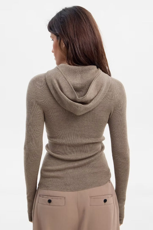 Hooded Quarter Zip Ribbed Knit Sweater