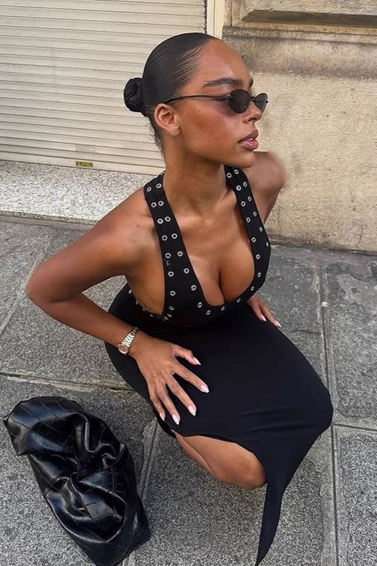Halter Backless Sleeveless Waist-Defined Fitted Dress
