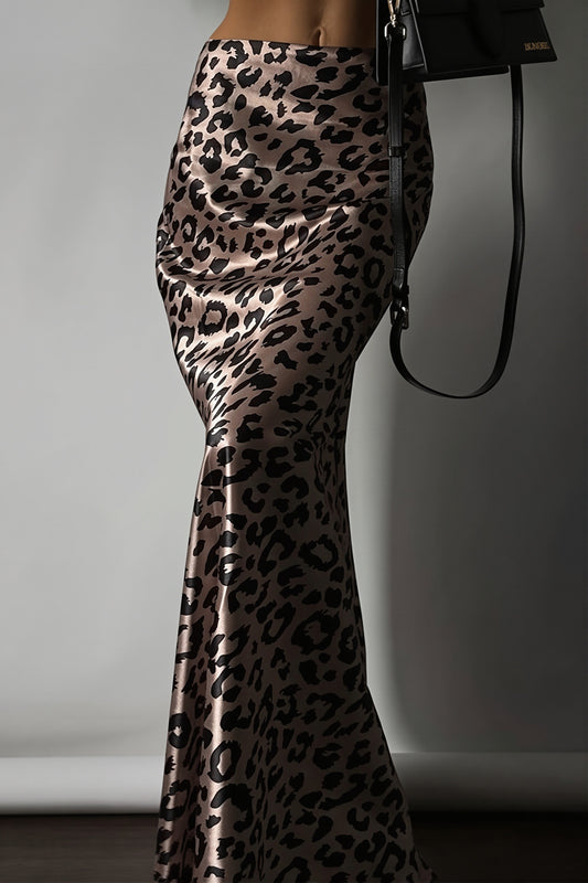 Satin Leopard Mermaid Maxi Skirt