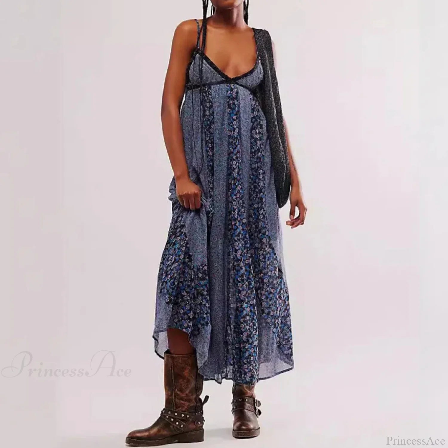 Fine Chiffon Floral Boho Dress Blue / S bohodress-250126