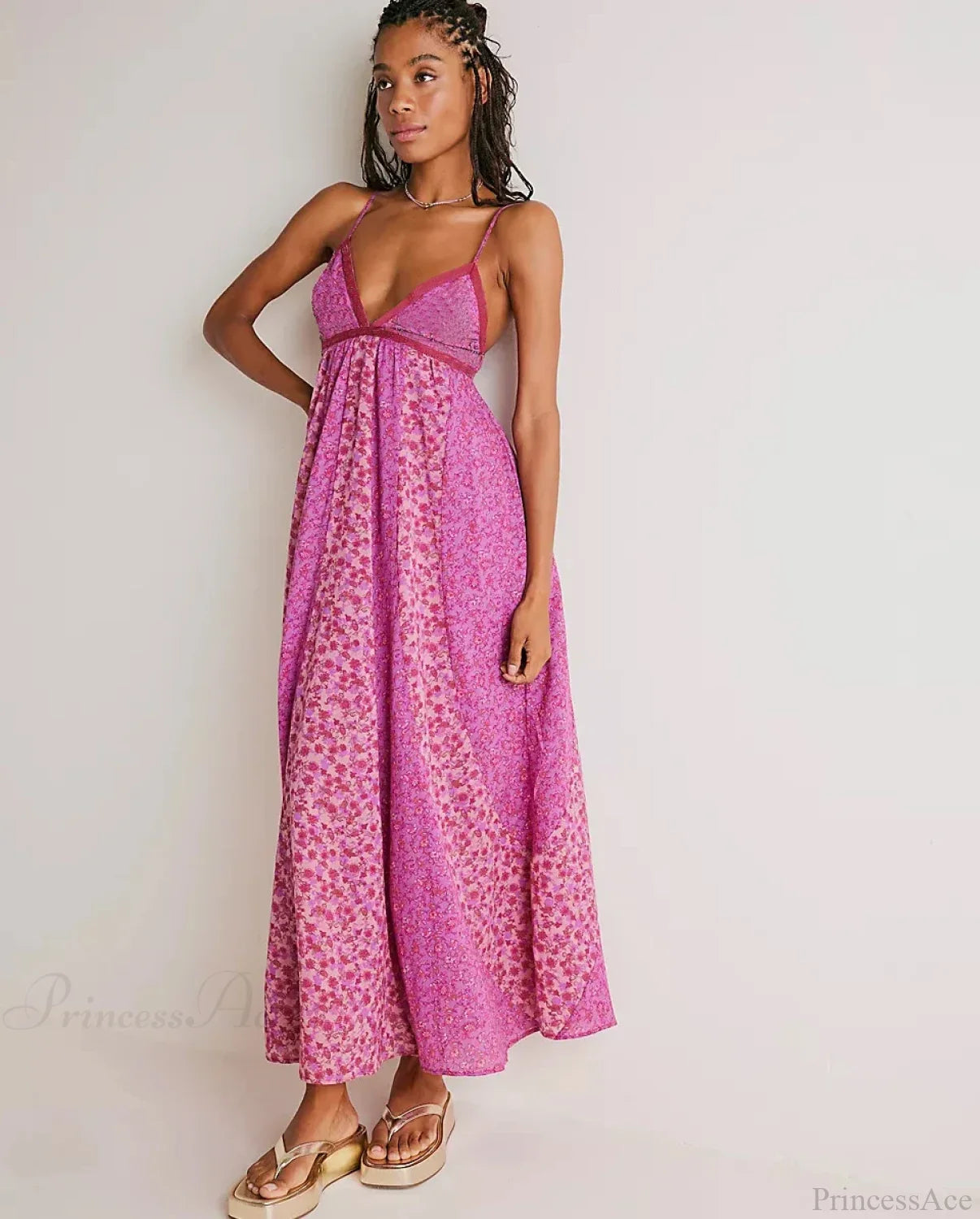 Fine Chiffon Floral Boho Dress Rose Red / S bohodress-250126