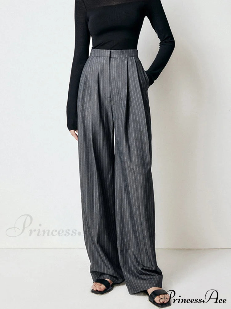 First Choice Pinstripe Trendy Wide Leg Dress Pants Grey / Xs