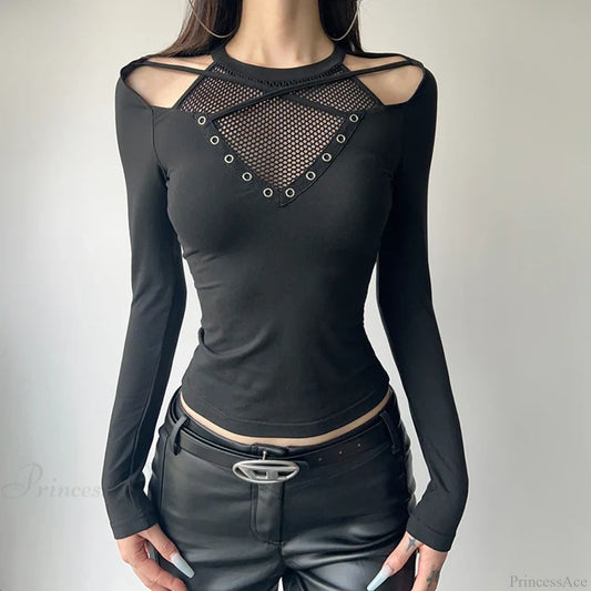 Fishnet Patchwork Knit Top Black / S