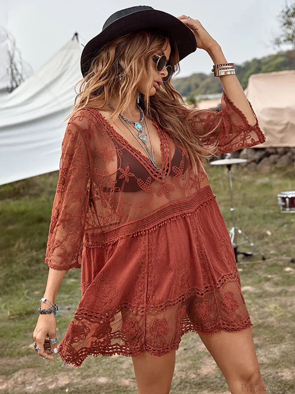 Fitshinling V-neck Sheer Lace Boho Cover-up bohodress-250126