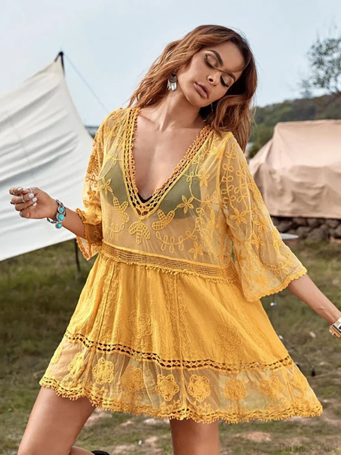 Fitshinling V-neck Sheer Lace Boho Cover-up bohodress-250126