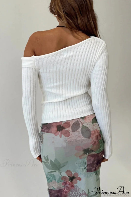 Fitted French Off-Shoulder Collar Rib-Knit Top