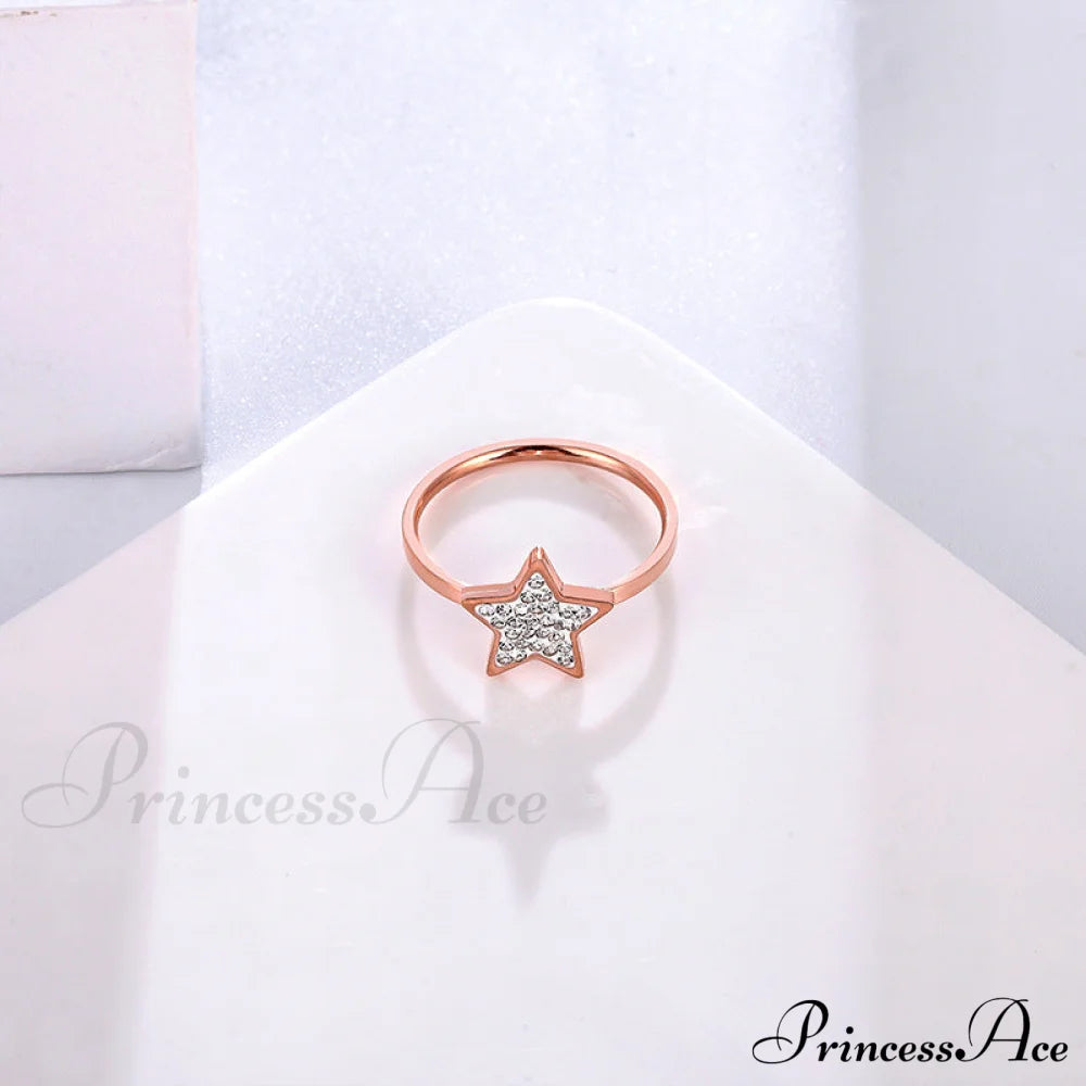 Five-Pointed Star Full Diamond Titanium Steel Ring Rose Gold / 6