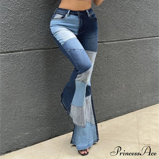 Flare For Women Patchwork Casual Fashion Slim High Waist Vintage Streetwear Stretch Jean