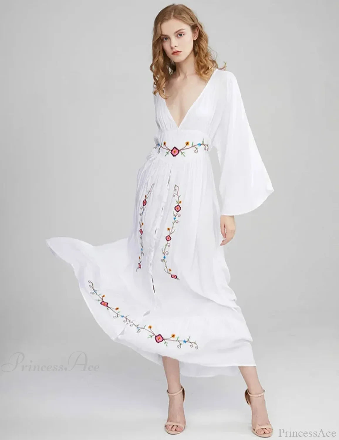 Flare Long Sleeve Deep V-neck Cotton Dress bohodress-250126