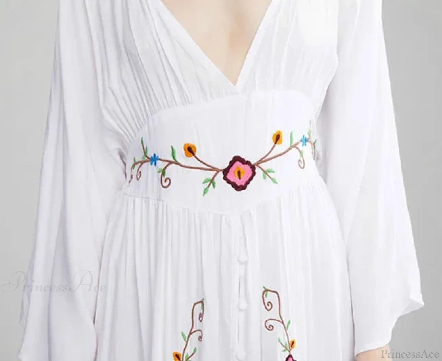 Flare Long Sleeve Deep V-neck Cotton Dress bohodress-250126