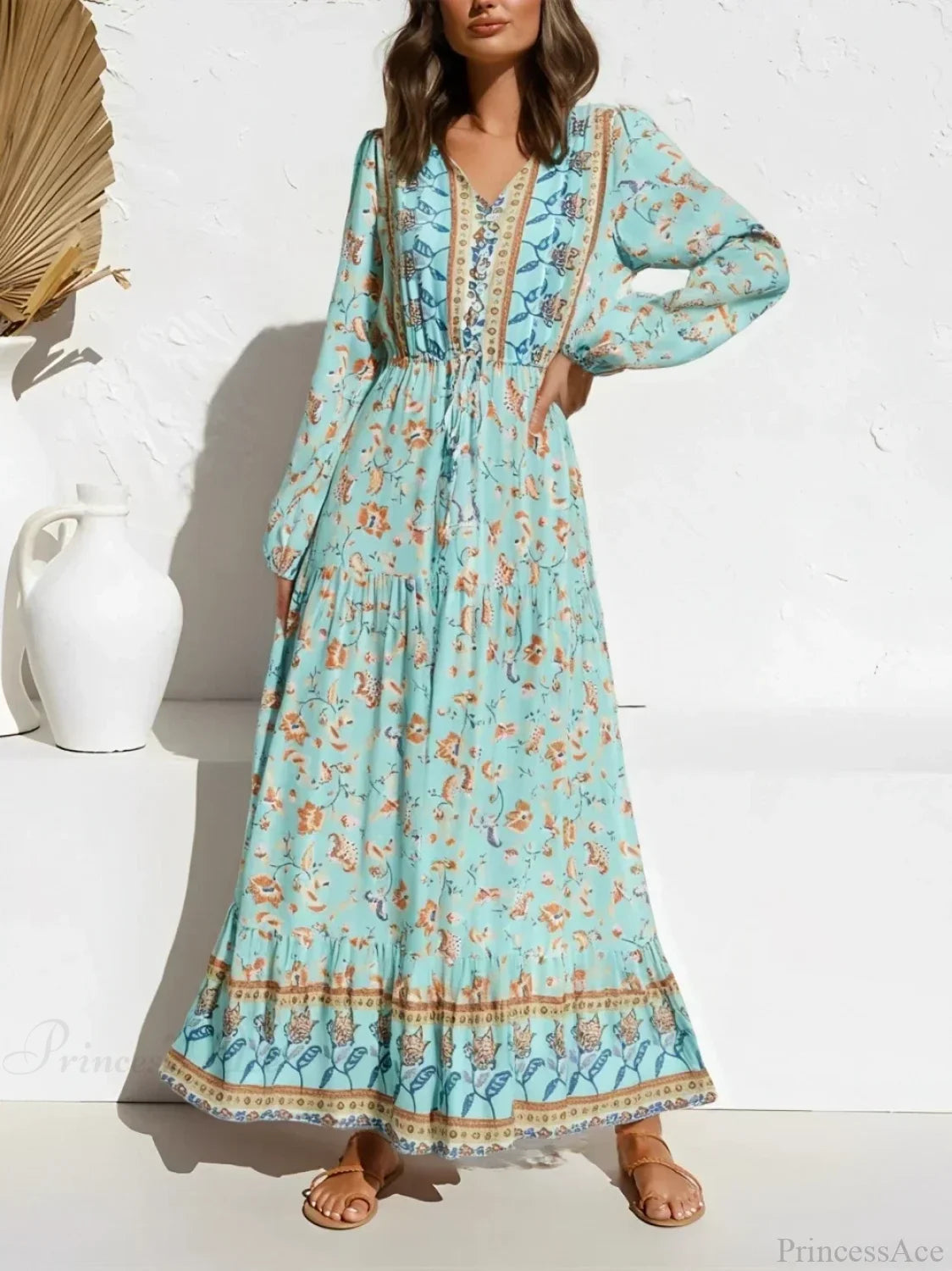 Flare Sleeve Purple Floral V-neck Maxi Boho Dress GREEN / S bohodress-250126
