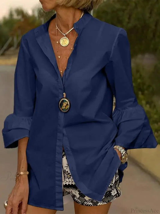 Flare Sleeve Solid Color V Neck Blouse Navy Blue / S blouse-250126