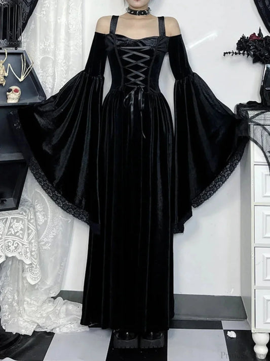 Flare Sleeve Tall Waist Bandage Maxi Dress Black / XS