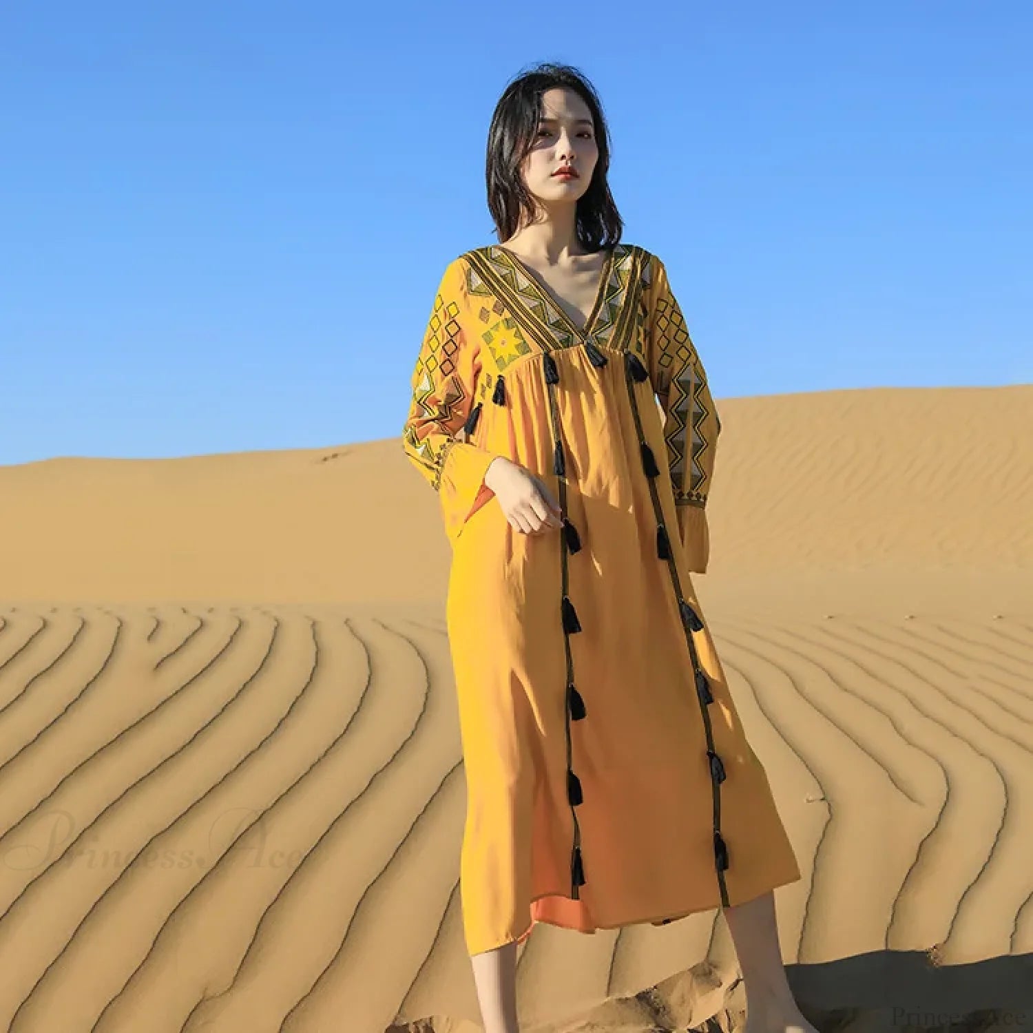 Flare Sleeve Tassel Vintage Style Floral Boho Dress Yellow / S bohodress-250126