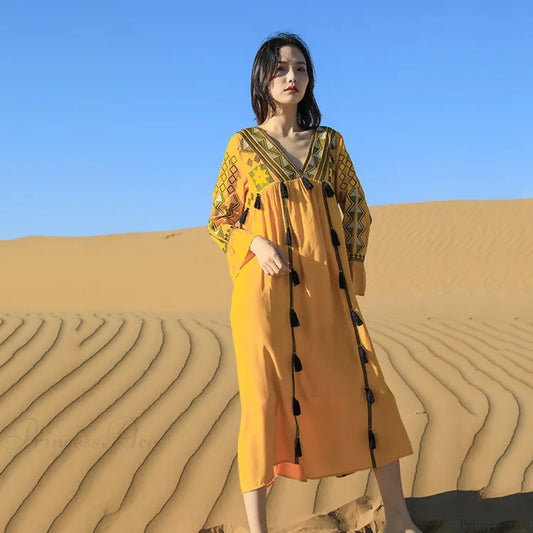 Flare Sleeve Tassel Vintage Style Floral Boho Dress Yellow / S bohodress-250126