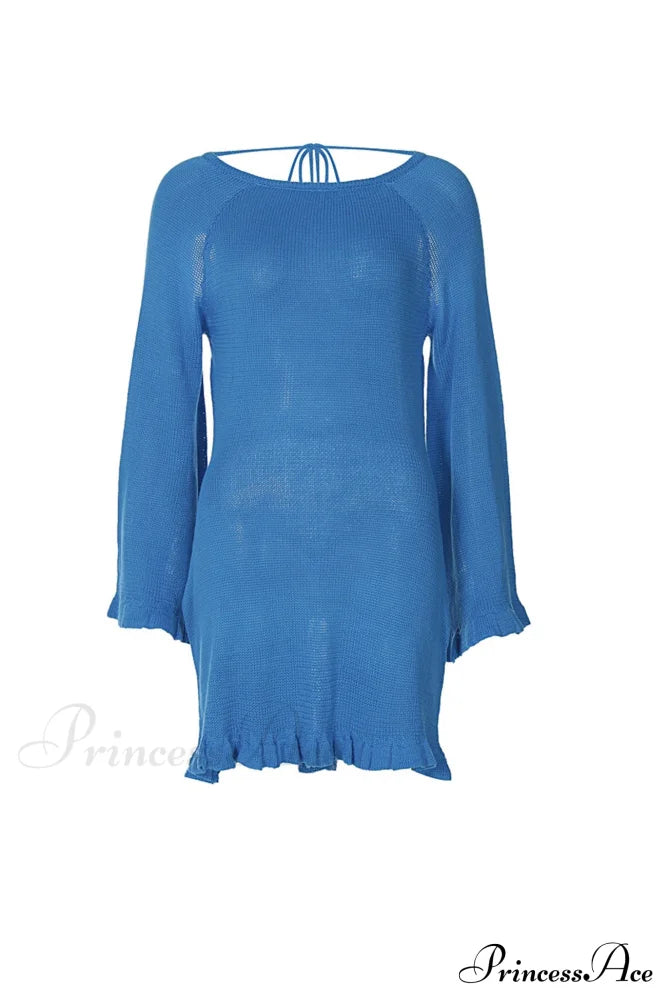 Flare Sleeve Tie-Back Ruffle Hem Knit Dress Blue / L Mini Dresses