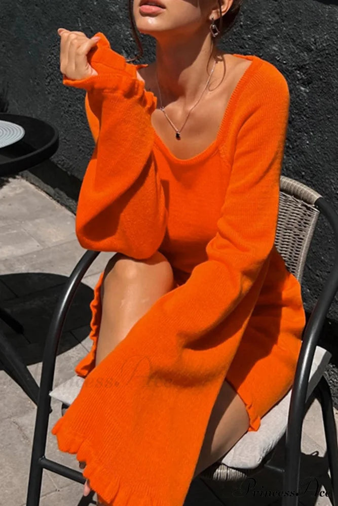 Flare Sleeve Tie-Back Ruffle Hem Knit Dress Orange / M Mini Dresses