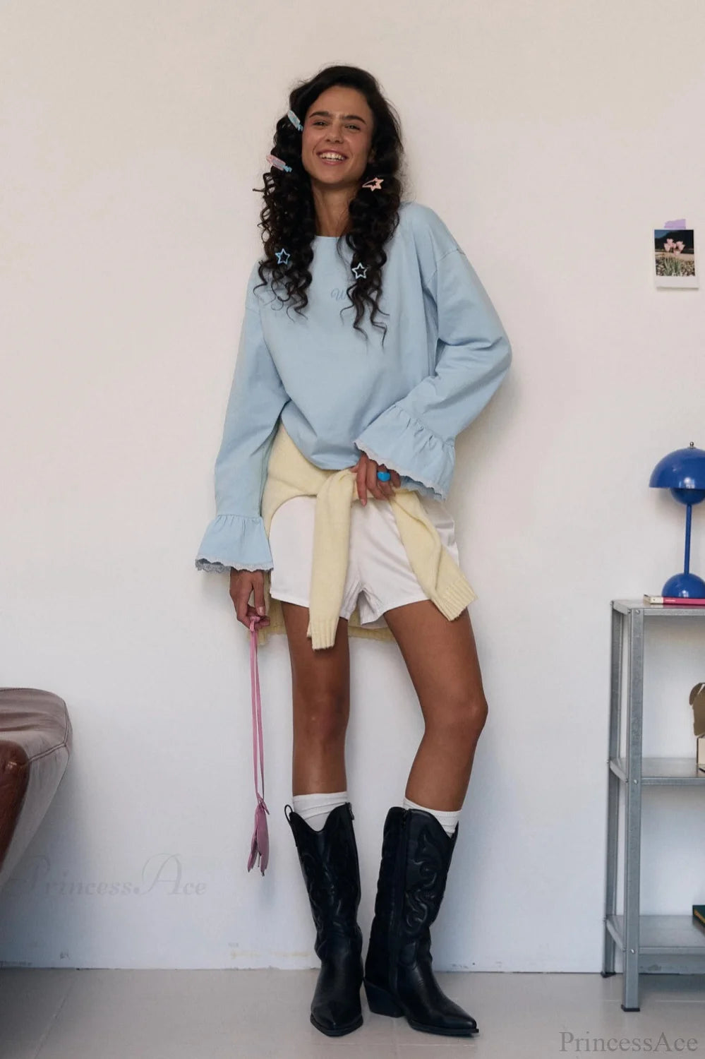 Flared Sleeve Lace Accent Crew Neck Alphabet Embroidered Long Sleeve Tee