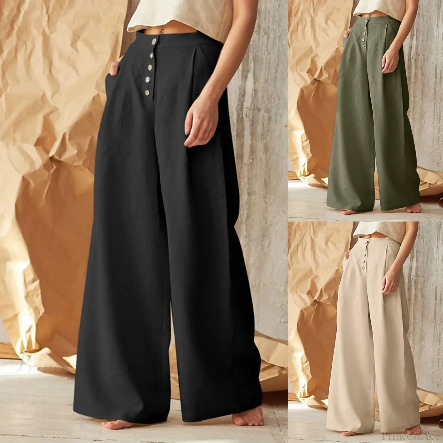 Flared Solid Color High Waist Cotton Linen Pant pant-250223