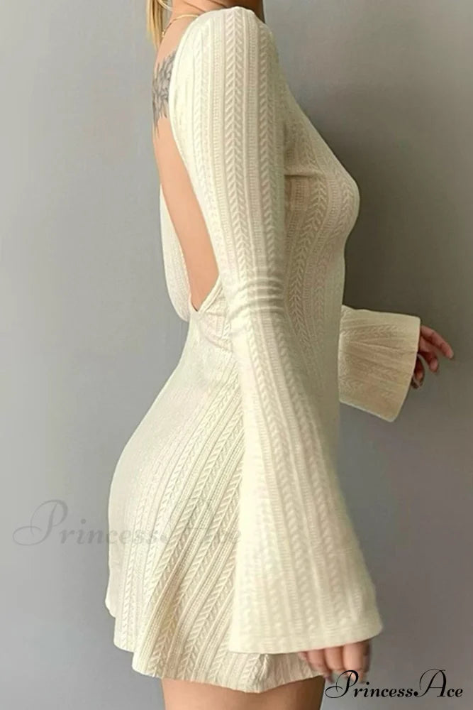 Flares Sleeve Backless Cable Knit Dress Beige / L Mini Dresses