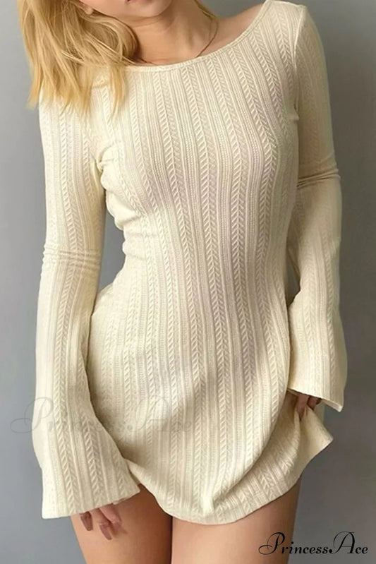 Flares Sleeve Backless Cable Knit Dress Beige / S Mini Dresses