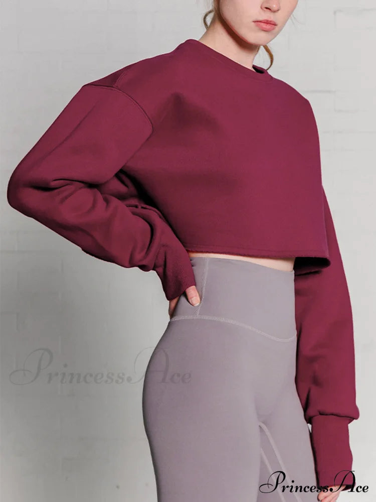 Fleece Lined Graceful Solid Cropped Sweatshirt Burgundy / S Sweatshirts