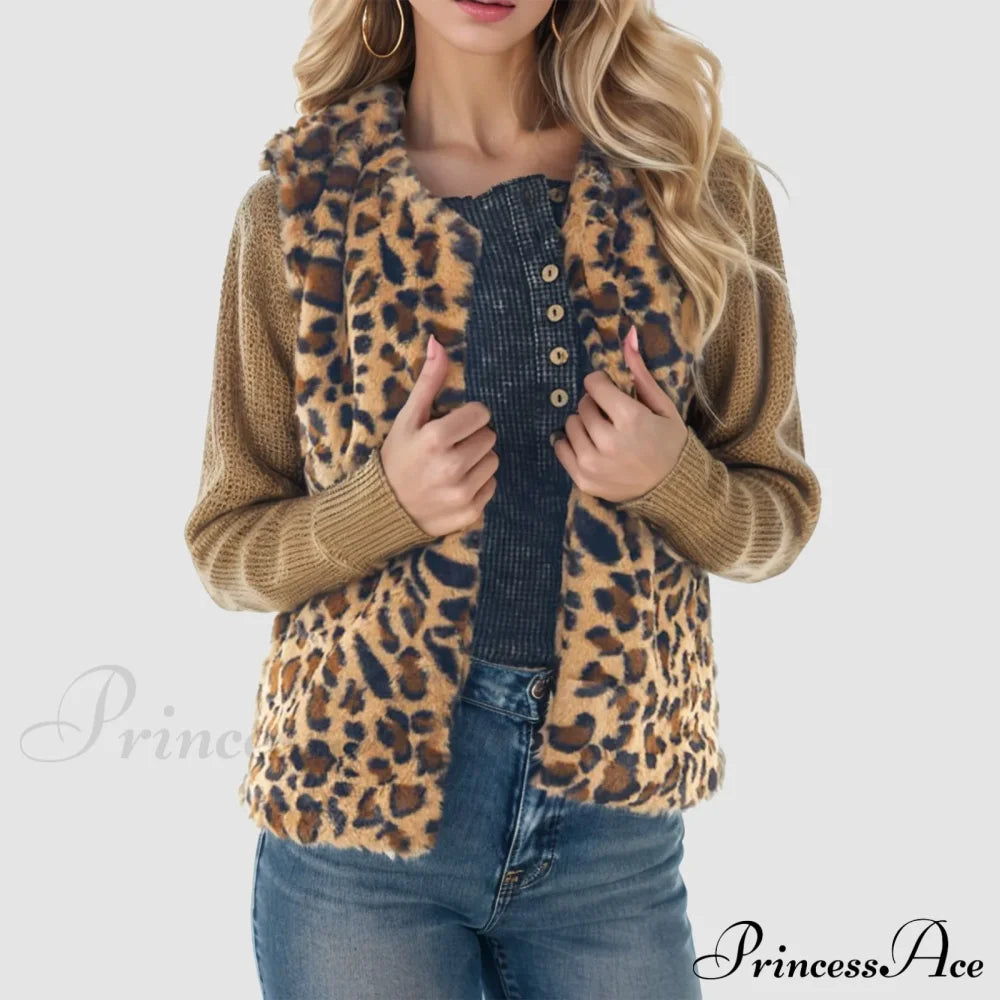 Fleece Sleeveless Leopard Print Stylish Chic Trendy Elegant Fashionable Classic Jacket Brown / S