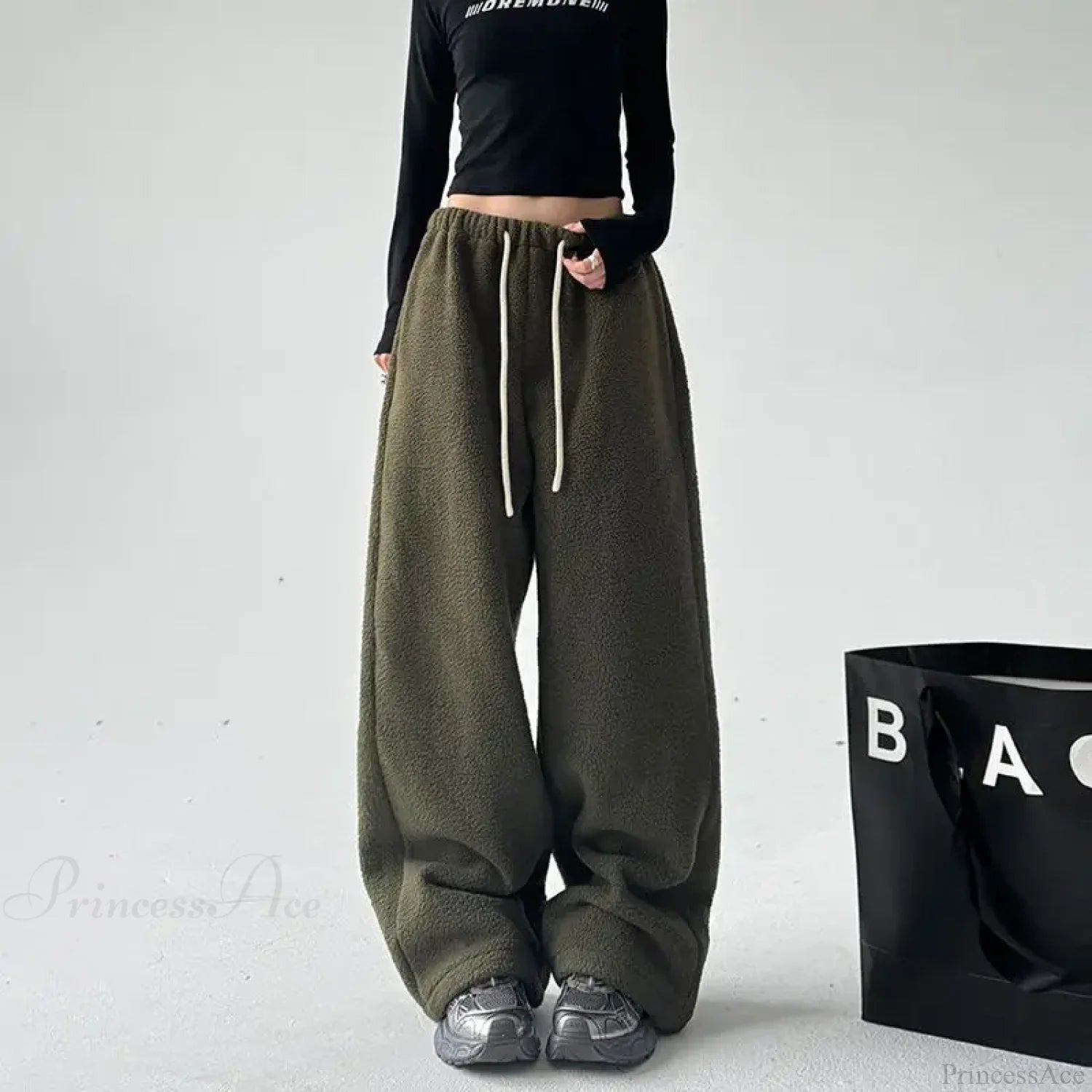 Fleece Thicken Wool Wide Leg Pants olive green / S