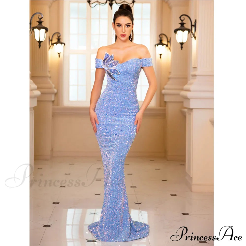 Floor Length Rhinestone Party Dress Sky Blue / S Partydress-241208